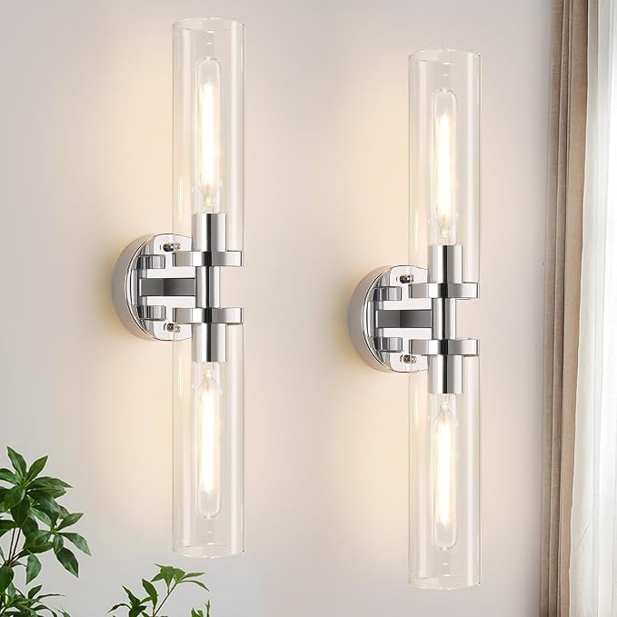 Indoi Wall Sconces Set of Two, Hardwired Chrome Bathroom Sconces Wall Lighting with Clear Glass, Modern Sconces Wall Decor Set of 2 Bathroom Light fixtures for Mirror Living Room Hallway Bedroom