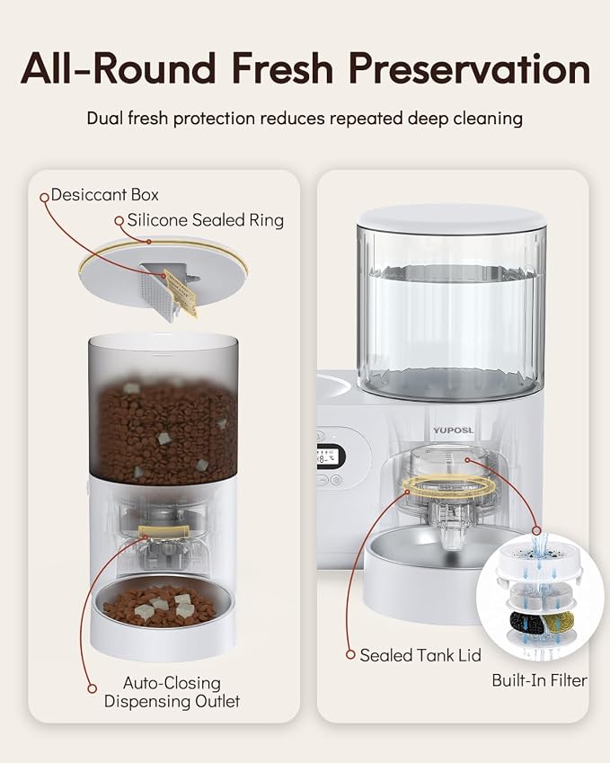 Yuposl Automatic Cat Feeder and Gravity Water Dispenser | 2-in-1 Timed Cat Food Dispenser, 42Cups/10L Extra-Large Capacity for Multi-Cats and Small Dogs, All Detachable for Easy Clean