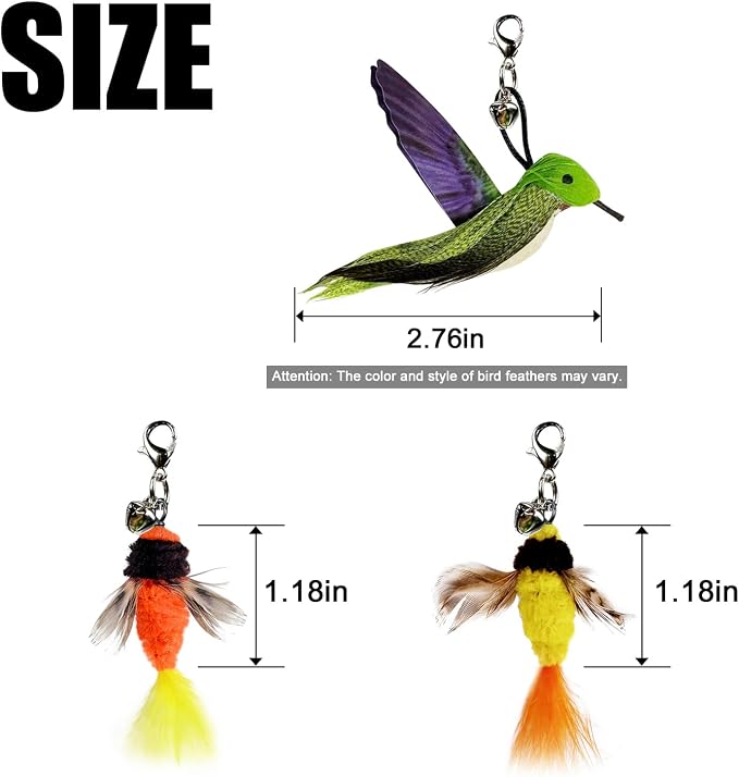 TTcat Cat Toy Hummingbird Refill Attachments with Bell & Feather, Replacement Bird Wand Toy Accessories for Interactive Cat Teaser Stick, Soft Furry Bird Kitten Chase Play Toys for Indoor Cats.