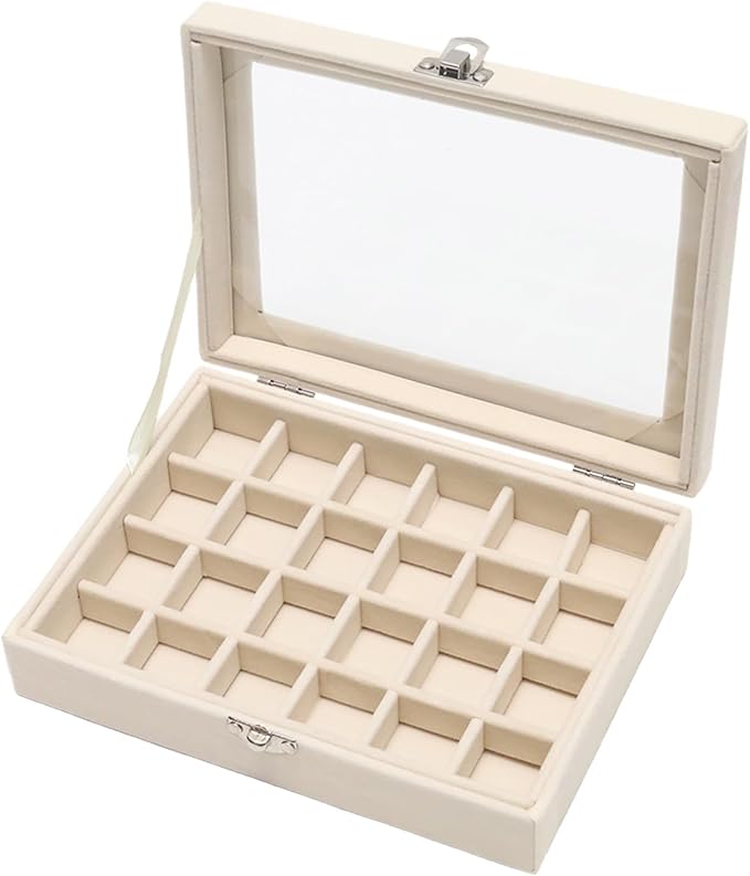 Small Velvet Jewelry Tray with Clear Lid, 24 Grids Beige | Lockable Ring Earring Holder Organizer Storage Box Case Jewelry Box Organizer for Rings Earrings Bracelets Brooches