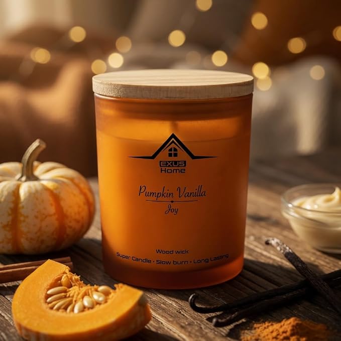 Exus Hand Crafted, Soy Wax, Wood Wick, Aromatic Candle. Non-Toxic (Pumpkin Vanilla/Joy)
