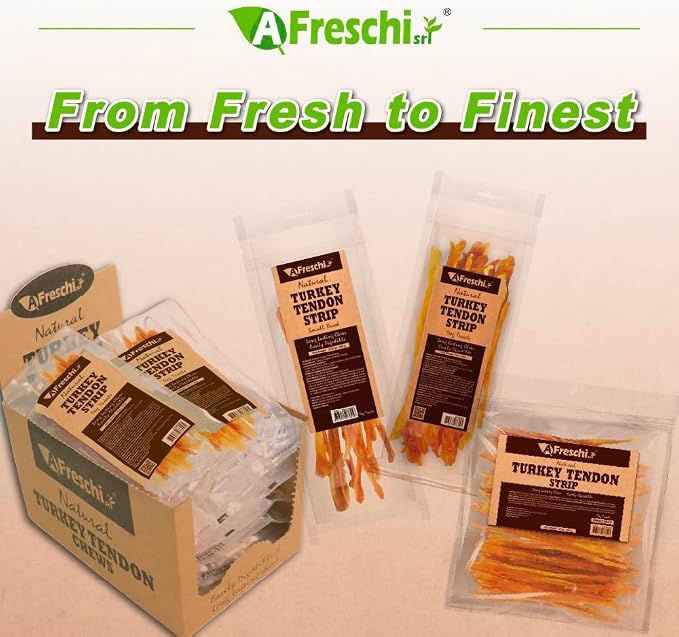 A Freschi srl Turkey Tendons for Dogs, USA-Sourced Human Grade, Rawhide-Free Long-Lasting Puppy Chews, All Natural Hypoallergenic Dog Treats for Small Breeds, 3.53 oz Pack Strips