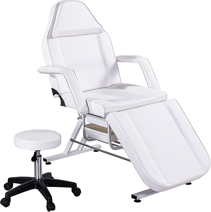 Massage Bed Tattoo Chair Massage Salon with Two Trays,Esthetician Table with Hydraulic Stool,Multi-Purpose 3-Section Facial Bed Table, Adjustable Beauty Barber Spa Beauty Equipment White