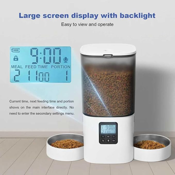 Automatic Cat Feeder, 6L Cat Food Dispenser with 10s Voice Recorder, Pet Feeder up to 8 Meals per Day, Timed Feeder with Dry Food Sealed Ring (White-D-Basic)