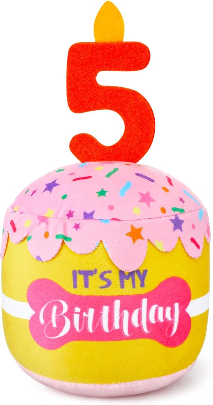 Dansydaisy Dog Birthday Cake Toy Squeaky Plush Gift,5th,Pink and Yellow