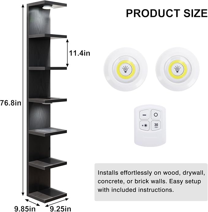 Fixwal 7 Tier Wall Shelf with LED Lights Lack Shelf for Room Deocr (Black) | 76.8in Tall, Holds 44Lbs Total, Flexible Section Installation, Fits Any Room Decor