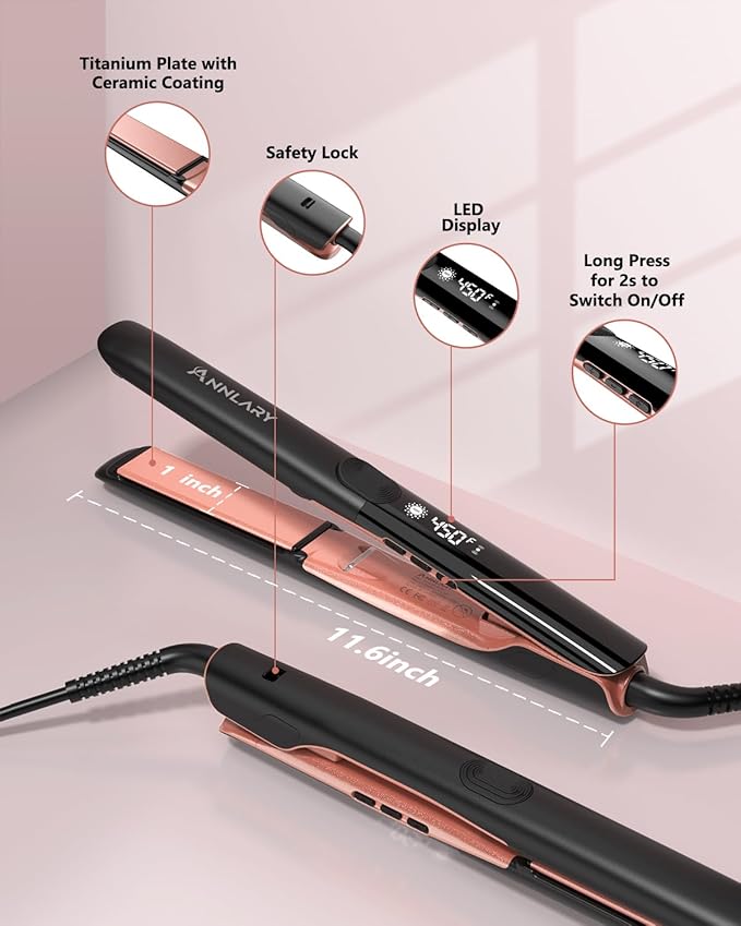 Annlary Hair Straightener 1 Inch Flat Iron and Curler 2 in 1 Titanium Ceramic Ionic Dual Voltage Straightener with Heat-Resistant Silicone, for Less Frizz, Shinier & Smoother