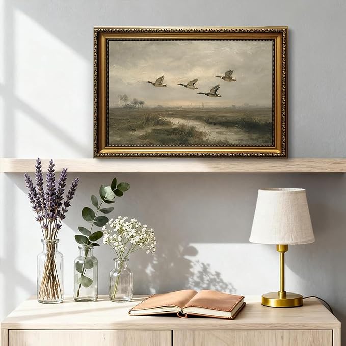 Vintage Hunting Gold Framed Wall Art Flying Mallard Duck Wall Decor Art | Rustic Landscape Painting Canvas Art Farmhouse Cottagecore Small Framed Prints Artwork Bedside Tables Foyer Bookshelf Entry