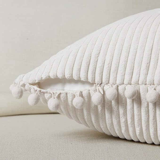 Fancy Homi 2 packs Cream White Boho Decorative Throw Pillow Covers with Pom-poms, Soft Corduroy Solid Square Cushion Cases Set for Living Room Couch Sofa Bedroom Car (12x20 Inch/30x50 cm, Cream White)