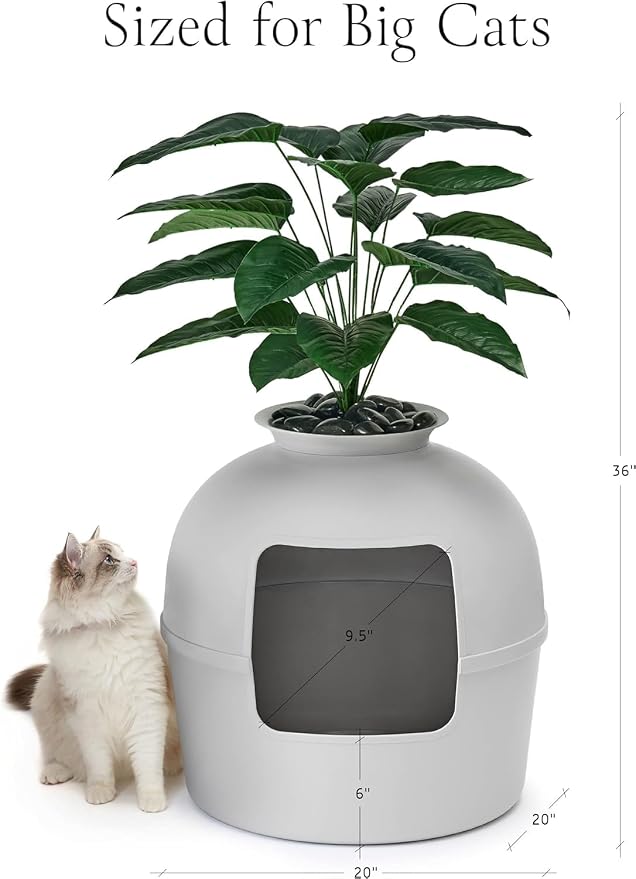 Secret Litter Box by Bundle & Bliss - Hidden Litter Box Enclosure, Patented Design with Odor Control, Includes Faux Plant, Carbon Filter and Real Stones (Soft Grey)