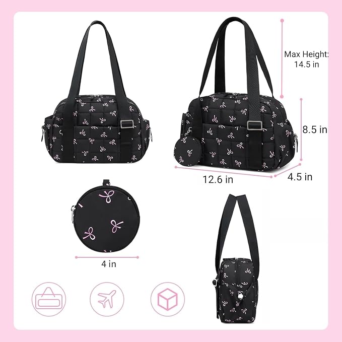 CAMTOP Mini Gym Bag for Women, Small Gym Tote Bag Puffy Quilted Sports Duffel Bag with Wet Compartment and Coin Purse Duffel Bags Dance Yoga Workout Bag for Gifts (Black Pink Bow, Mini-12.6")