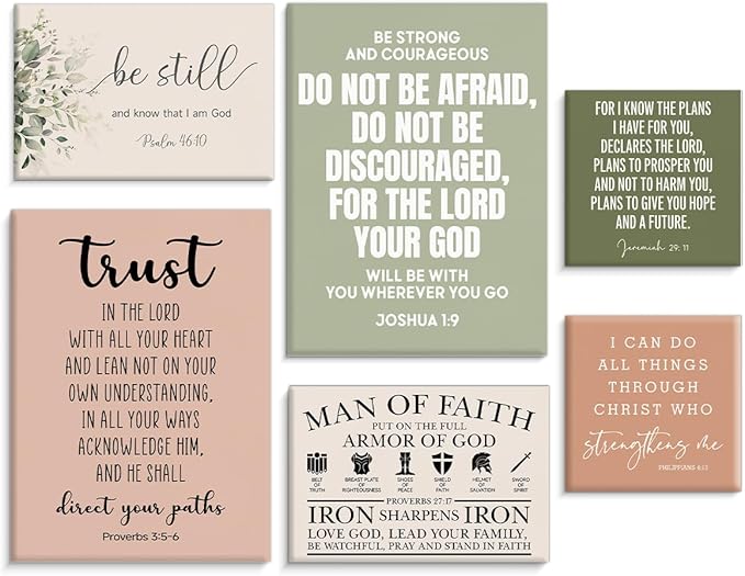 Framed Motivational Christian Bible Verse Wall Art, Set of 6 Religious Scripture Canvas Wall Decor for Prayer Room Church, Biblical Pictures for Bedroom Home Office, Christian Gifts