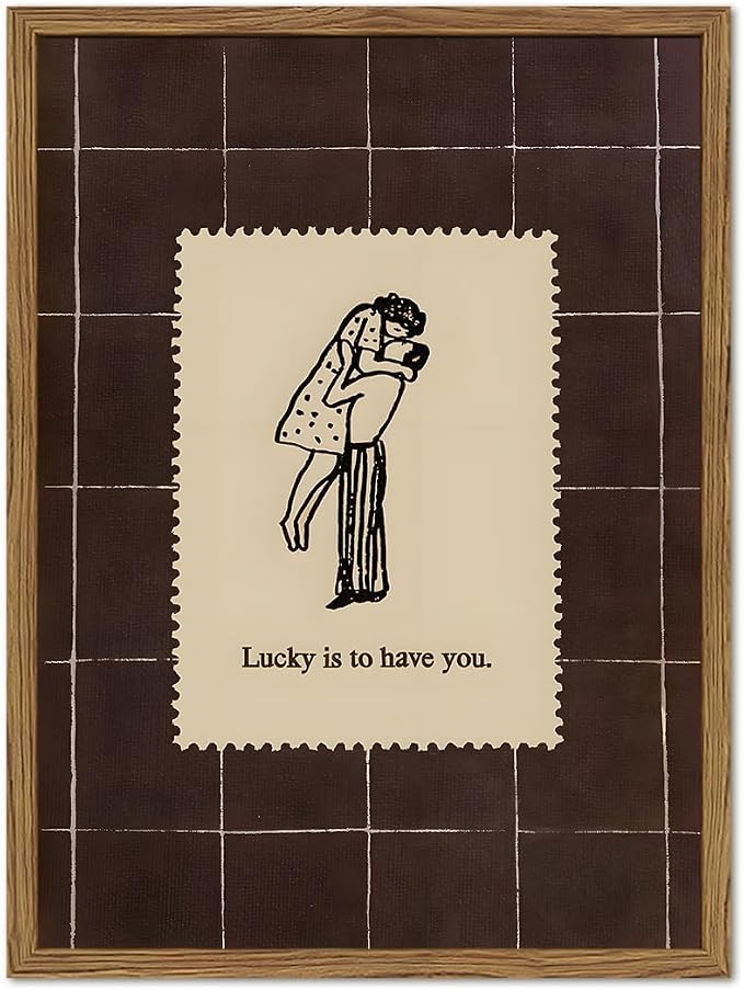 Vintage Love Couples Wall Art, Mid Century Lucky is to Have You Wall Decor Picture Romantic Anniversary Valentine Stamp Poster Canvas Prints for Bedroom Living Room 16x24 inch Wood Framed
