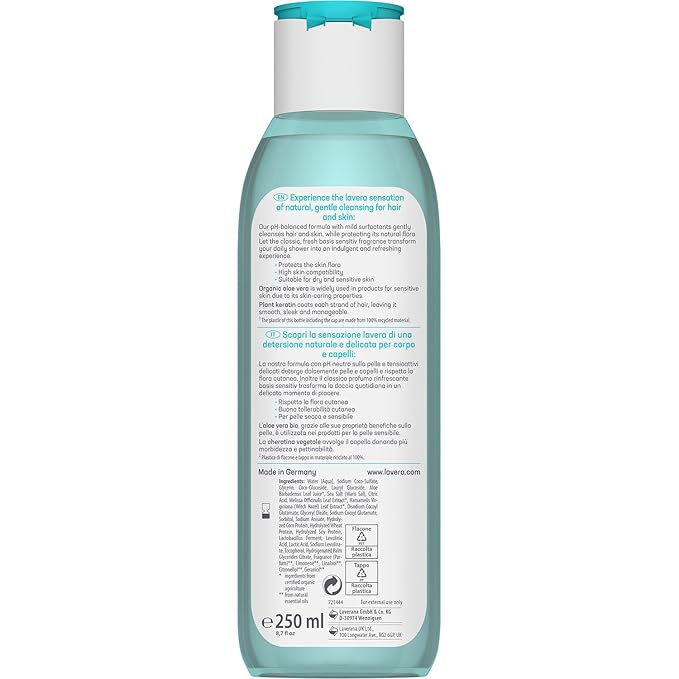 lavera basis sensitiv care shower 2in1 - gentle cleansing for skin & hair with aloe vera & plant keratin - pH-neutral - PETA certified - vegan - natural cosmetics - 8.45 fl.oz.