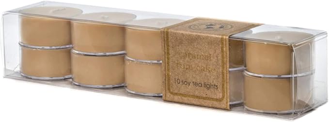 Eco Candle Co. Caramel Rum Cake Tea Light Candles, 10-Pk, 9 Hr Burn Time | Scents of Caramel, Rum, Maple, Almond, Pear, & Vanilla - Recyclable, No Lead, Hand Poured, Midwest Soybeans, .6 oz. Each