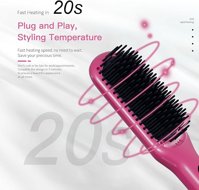 MEGAWISE Pro Ceramic Ionic Hair Straightener Brush, Universal Dual Voltage, Rotatable Power Cord, MCH Fast 20s Heating Tech, Anti-Scald, Auto-Off Safety, Home Salon (Rose Red)