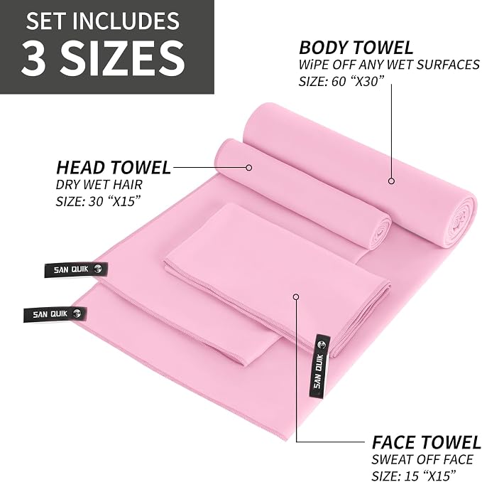 Quick Dry Camping Towel with EVA Case, Microfiber Travel Towel 3 Size at 1 Pack, Super Absorbent Lightweight Fast Drying Towel Set for Beach, Gym, Sports, Backpacking, Yoga & Swimming Pool, Pink