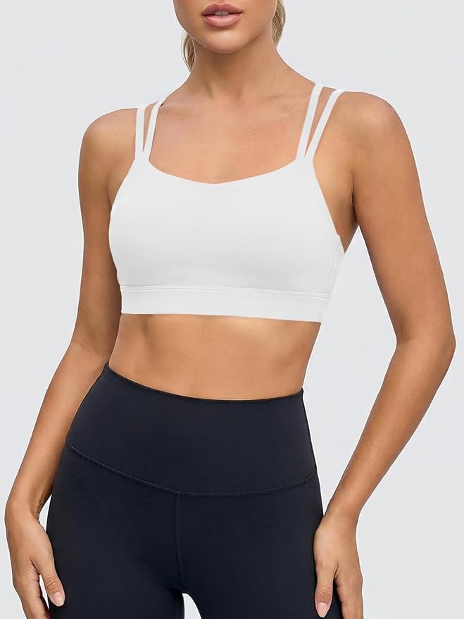 Aoysky Sports Bras for Women Buttery Soft Strappy Padded Sports Bra Double Spaghetti Straps Wireless Yoga Workout Crop Tops