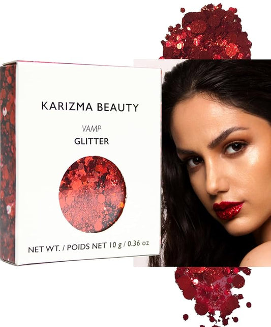 KARIZMA Vamp Glitter. 10g Chunky Face, Hair, Eye and Red Body for Women. Rave, Festival Accessories, Cosmetic Makeup. Loose Set