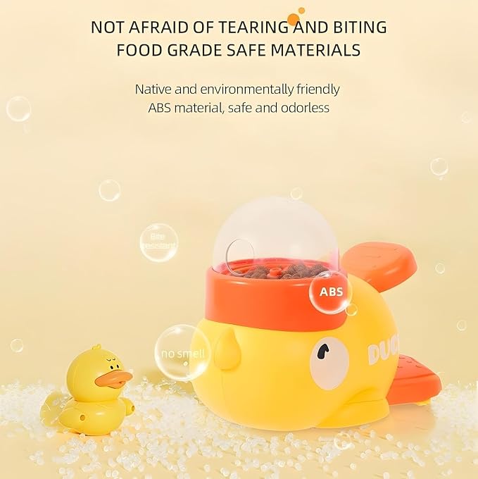 Interactive Dog Treat Dispenser Toy, Duck Shape Puzzle Feeder with Press Button and Rotating Design, Yellow and Orange, Slow Feeding Game for Dogs and Cats