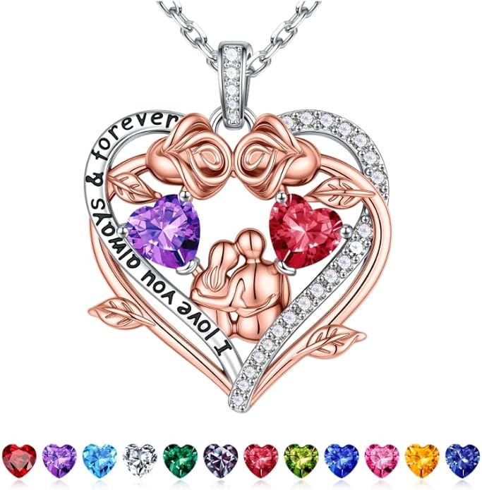 Iefil Valentines Gifts for Her Wife - 925 Sterling Silver Double Heart Birthstone Necklace, Anniversary Birthday Gifts for Women Wife Girlfriend