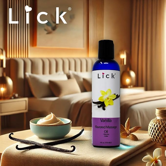 Lick Vanilla Flavored Massage Oil – Classic Dessert-Inspired Edible Massage Oil with Sweet Almond Oil, Silky Non-Greasy Glide for Couples Massage & Skin Care, 4 oz