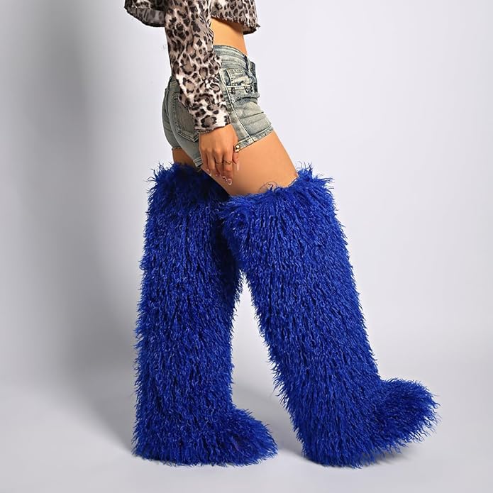 SWEETHEART BEAUTY Thigh High Shagy Teddy Fur Boots, 29 Inch Over the Knee Length Fluffy High Boots, Tall Furry Shoes For Women