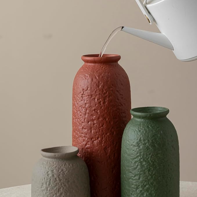 Large Decorative Ceramic Vase Set, 3 Pieces, Nordic Modern Boho Style, Earthtone Color Mix, Modern Farmhouse for Home Decor (XL Red Texture Mix)
