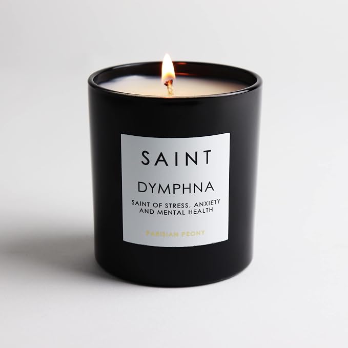 SAINT Dymphna Scented Candle with Prayer and Prayer Coin | Saint of Stress, Anxiety, and Mental Health, Soy Coconut Aromatherapy Candle with 50 Hour Burn Time
