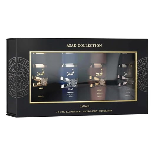Lattafa Asad 4-Piece Gift Set 25ml – Men's Oriental Fragrance Collection | Asad, Elixir, Bourbon & Asad Zanzibar LE