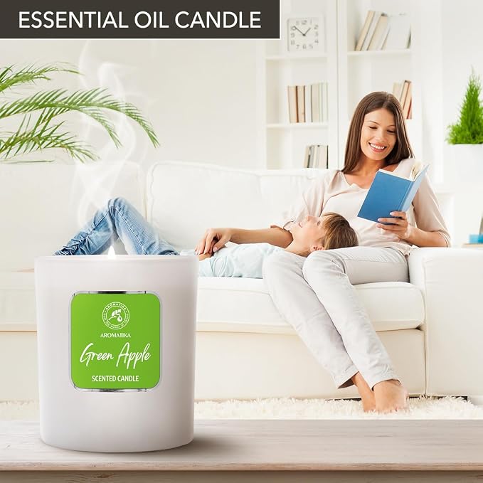 Scented Candle Green Apple - Glass Candle Gift - Aromatherapy Candle with Soywax 200g - Up to 45 Hours Burn Time - Soy Wax Candles - Home Scented Candles