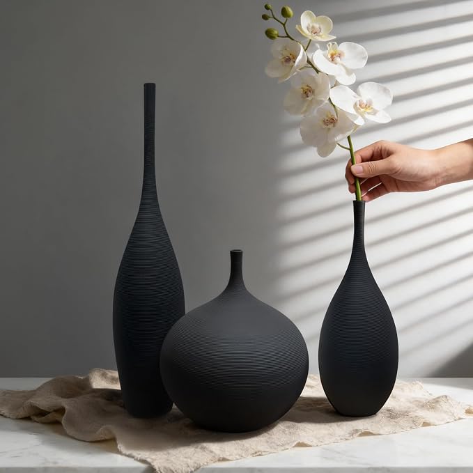 Black Ceramic Vases Set of 3, Modern Boho Vases for Centerpiece Decor, Matte Minimalist Decorative Vases for Home Decor, Living Room, Bookshelf, and Entryway Table Decor