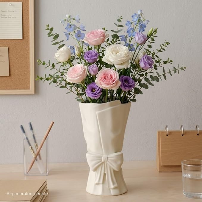 WENSHUO Flower Vase, Ceramic Bow Vase for Flowers, 10 in, Matte Crème | Irregular ceramic bow vase for fresh or dried flowers, wedding centerpieces and home decor. Smooth matte cream-toned glaze.