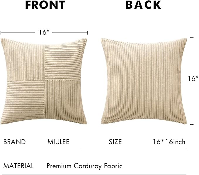 MIULEE Natural Beige Decorative Throw Pillow Covers for Couch 16x16 Inch | 2 Pack, Boho Farmhouse Pillow Covers, Soft Cross Corduroy Patchwork Textured Cushion Cases For Bed Sofa