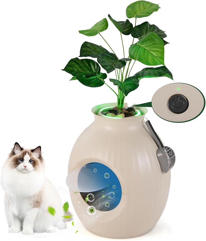 Tangkula Hidden Litter Box Plant, Cat Litter Box Enclosure Furniture with Odor Removal System, 4 Modes Lights, Artificial Plant, Pebbles, Door, Scoop, Planter Litter Box for Large Cats, Easy to Clean