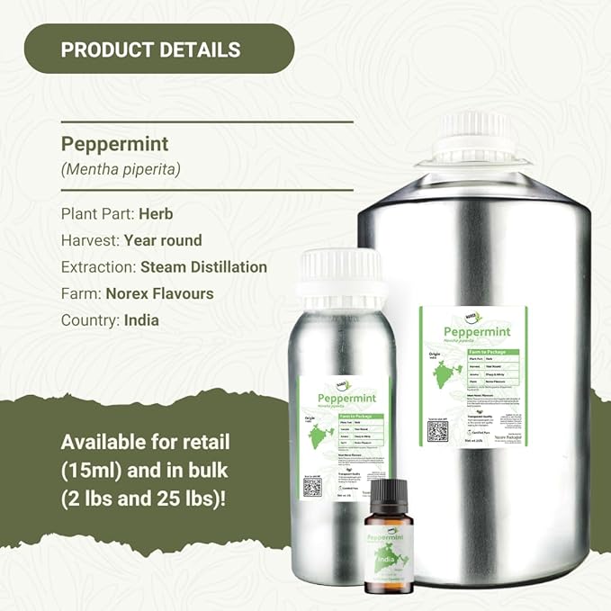 Peppermint Essential Oil - Direct from Norex Flavours India - Steam Distilled - Aceite Esencial de Menta for Aromatherapy, Massage, Diffuser, DIY Candle and Soap Making - 8oz