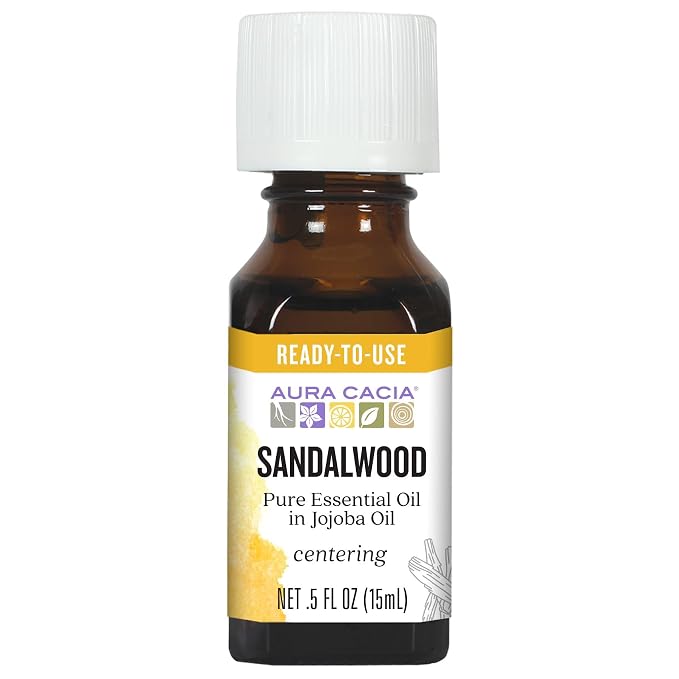 Aura Cacia Ready-to-Use Sandalwood Essential Oil in Jojoba Oil, 0.5 Fl Oz, for Aromatherapy and Skin Care