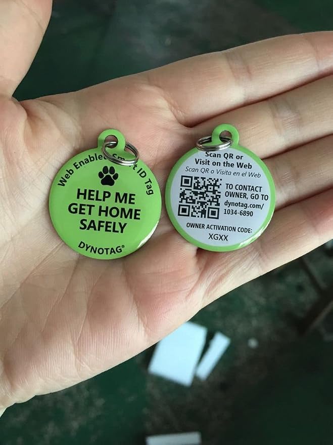 Dynotag® Web Enabled Super Pet ID Smart Tag. Deluxe Coated Steel, with DynoIQ™ & Lifetime Recovery Service. Fun Series (Green: Help Me Get Home Safely)