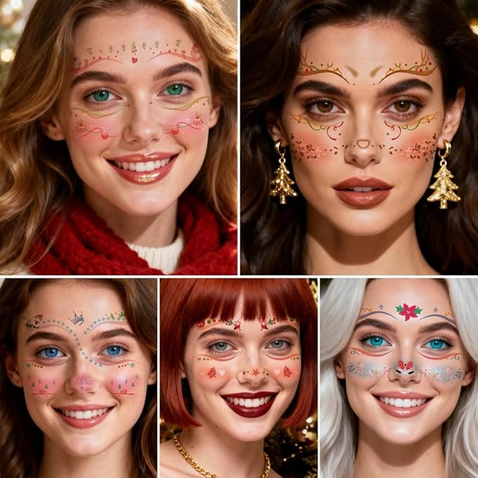 Christmas Temporary Tattoos Snowflake Christmas Tree Blush Face Tattoos Mixed Styles Cartoon Elk Eye Fake Tattoos Cute Holographic Stickers Waterproof Face Stickers for Girls Body Art Makeup 10 Sheets
