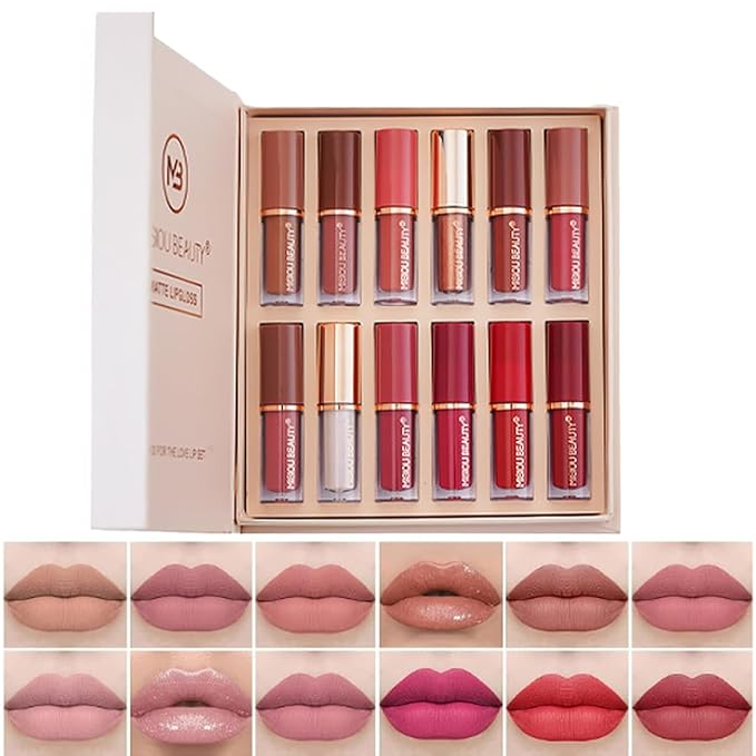 12Pcs Velvet Matte Liquid Lipstick Set, Non-Stick Cup Nude Lip Stain Kit,Waterproof Long Lasting Quick-drying Matte and Glitter Lip Gloss,Lip Makeup Gift Kit for Women