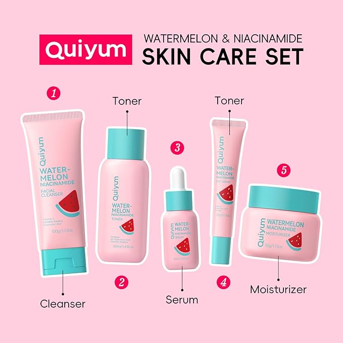 Watermelon Niacinamide Skin Care Set, Routine Beauty Skin Care for Teens- Gift Set with Cleanser, Toner, Eye Cream, Cream, Serum, Facial Juicy Glow Up Set for Women, Girls, for All Skin Types