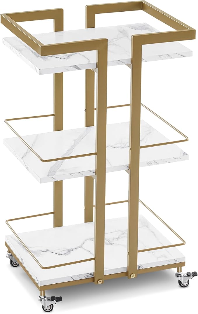 BarberPub Utility Salon Trolley, Metal Storage Rolling Barber Trolley with Wheels, Golden Esthetician Cart, Multi-Purpose 3-Tier Mobile Facial Trolley, Nail Cart 2033 (White)