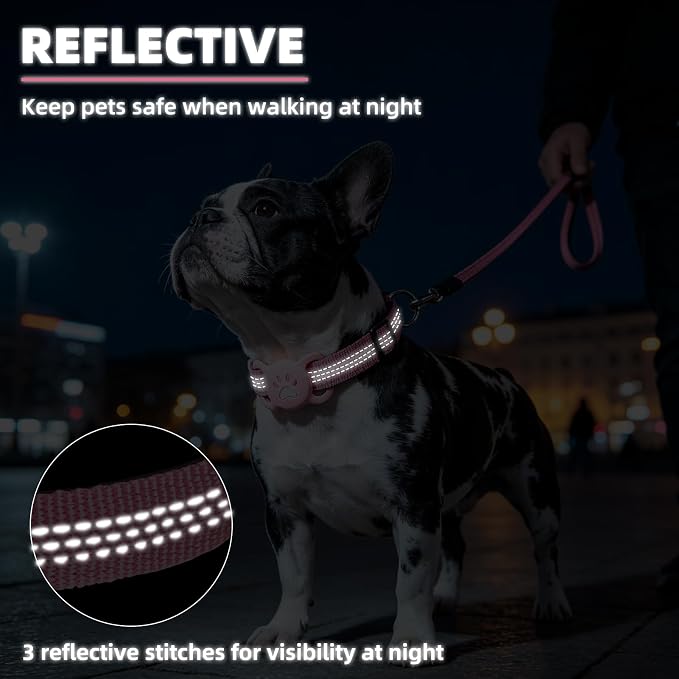 PUPTECK Airtag Dog Collar, Reflective with QR Code Buckle, Waterproof AirTag Holder Outdoor Tracking Pet Collars, Adjustable Soft Padded Durable for Small Medium Large Dogs Walking Training, Pink S