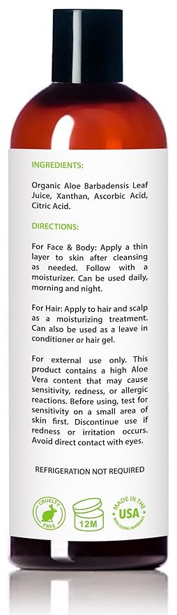 Organic Aloe Vera Gel for Skin, Face, Body, After Sun Care - USDA Certified Organic, 12 fl. oz.