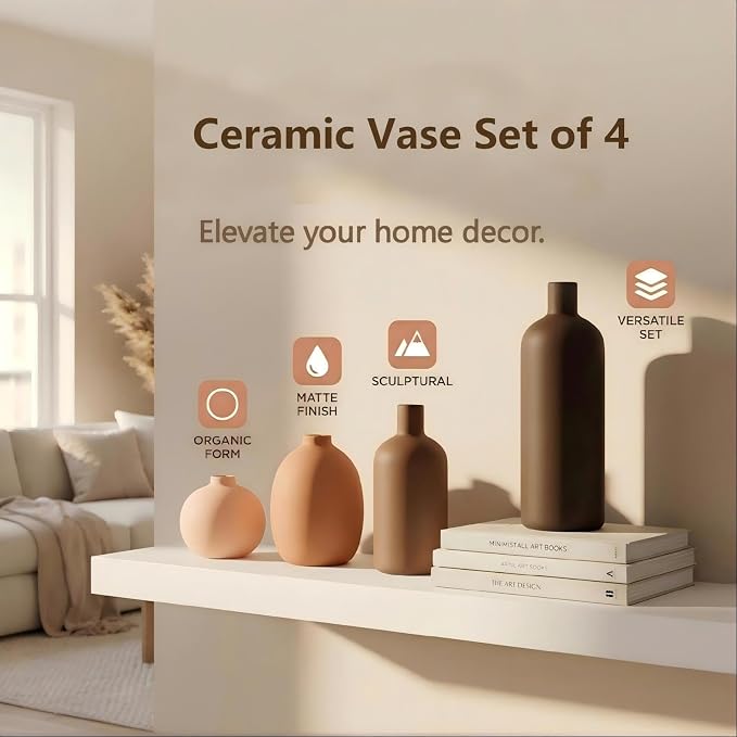 Ceramic Vase Set of 4, Decorative Neutral Modern Flower Vases for Home Decor, Living Room, Shelf Decor, Bookshelf, Kitchen, Centerpiece, Table, Bedroom, Office, Farmhouse