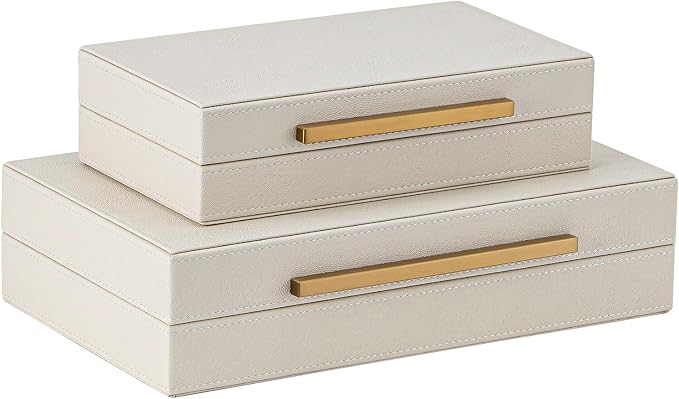 XIGEXIGE Faux Leather Large Modern Stackable Nesting Jewelry Box with Lids Organizer – Set of 2 Beige Shagreen Decorative Storage Boxes with Gold Metal Handles