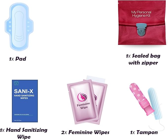 Menstrual Kit All-in-One 10 Pack | Convenience on the Go | Period Kit Pack for Travelling, Tweens & Teenagers or just When You’re Out | Individually Wrapped Feminine Hygiene Product (Red Purse)