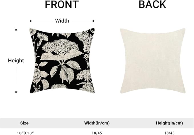 Floral Pillow Covers 18x18 Set of 2 Black Beige Hydrangea Herbs Botanical Throw Pillow Cover Outdoor Decor Vintage Boho Flower Pillowcase Farmhouse Decorative Linen Cushion Case for Home Couch