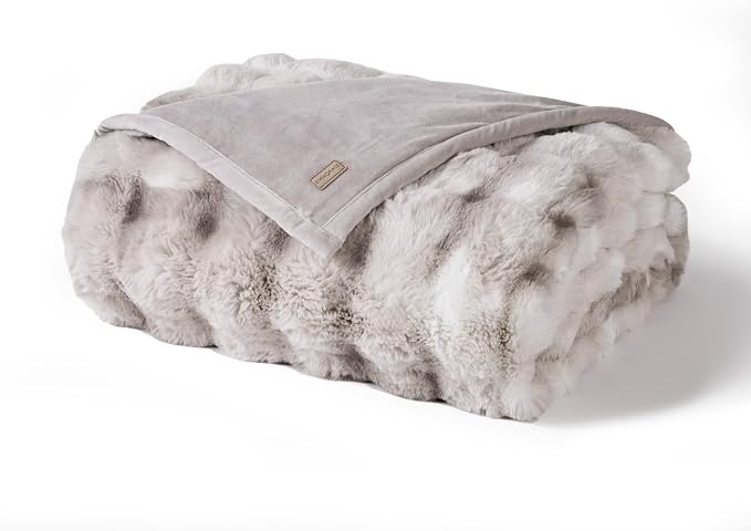 Faux Rabbit Fur Bubble Throw Blanket, 50"x60", Light Grey | Ultra Soft, Luxury Faux Rabbit Fur Throw, Thick Warm Bubble Blanket, Cozy Fluffy Reversible, for Bed, Couch, Chair, Sofa