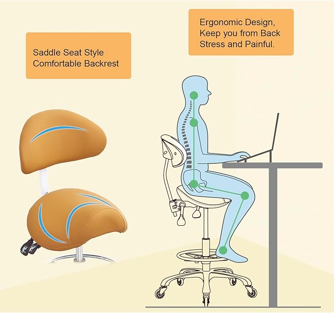 Saddle Stool Chair with Back Support Footrest, Heavy-Duty(350LBS), Hydraulic Rolling Swivel Adjustable Stool Chair for Salon Spa Beauty Massage Dental Clinic Home Office Use(Camel)